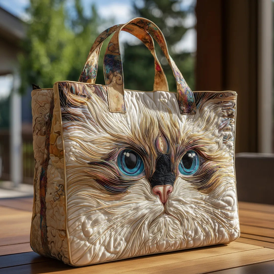 Sac artisanal avec un chat blanc aux yeux bleus