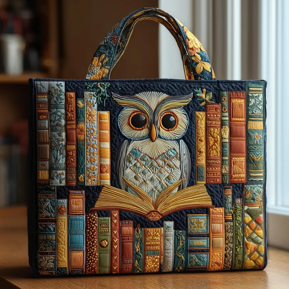 Sac en forme de hibou fait main entre des livres anciens