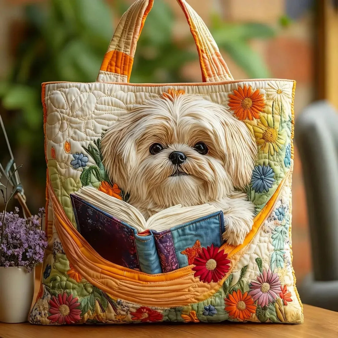 Sac fait main de Shih Tzu avec un livre et des fleurs