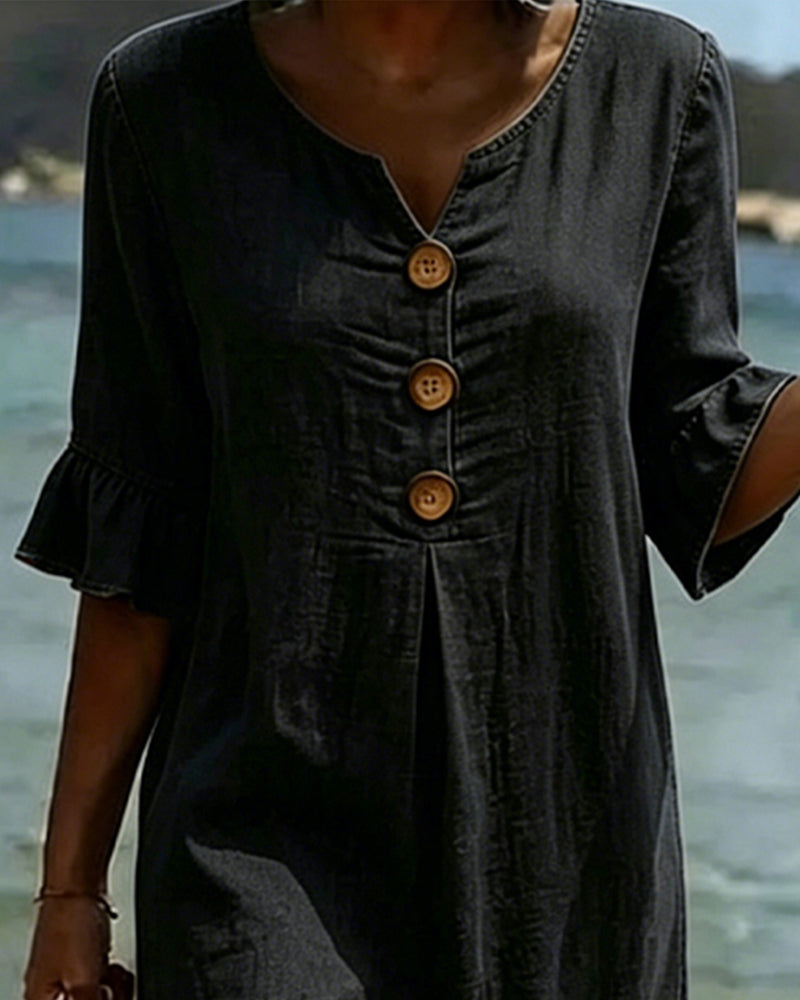 Robe avec imprimé de feuilles de lotus et manches en jean
