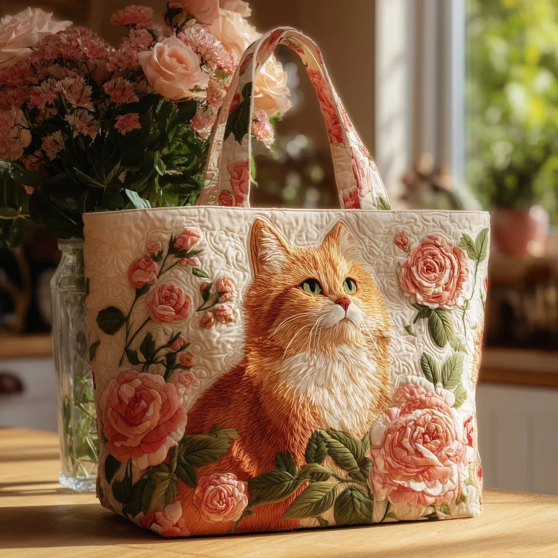 Sac artisanal «Chat Rouge» avec des roses