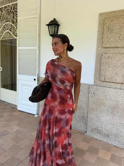 Robe longue à épaules tombantes, motif aquarelle