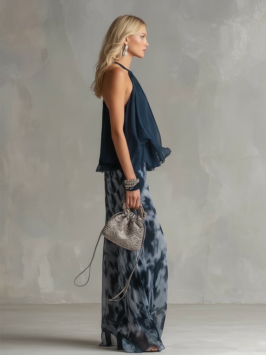 Ludovica : un élégant ensemble en georgette avec top à col haut et pantalons larges imprimés