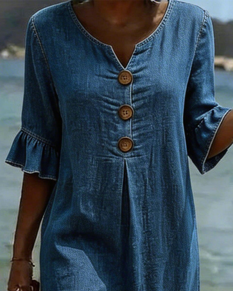 Robe avec imprimé de feuilles de lotus et manches en jean