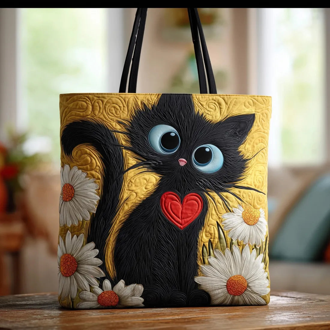 Sac «Chat Noir» fait main avec un cœur et des marguerites