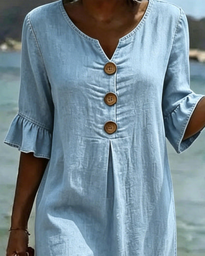 Robe avec imprimé de feuilles de lotus et manches en jean