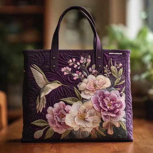 Sac artisanal doublé, couleur violette, avec des colibris et des orchidées