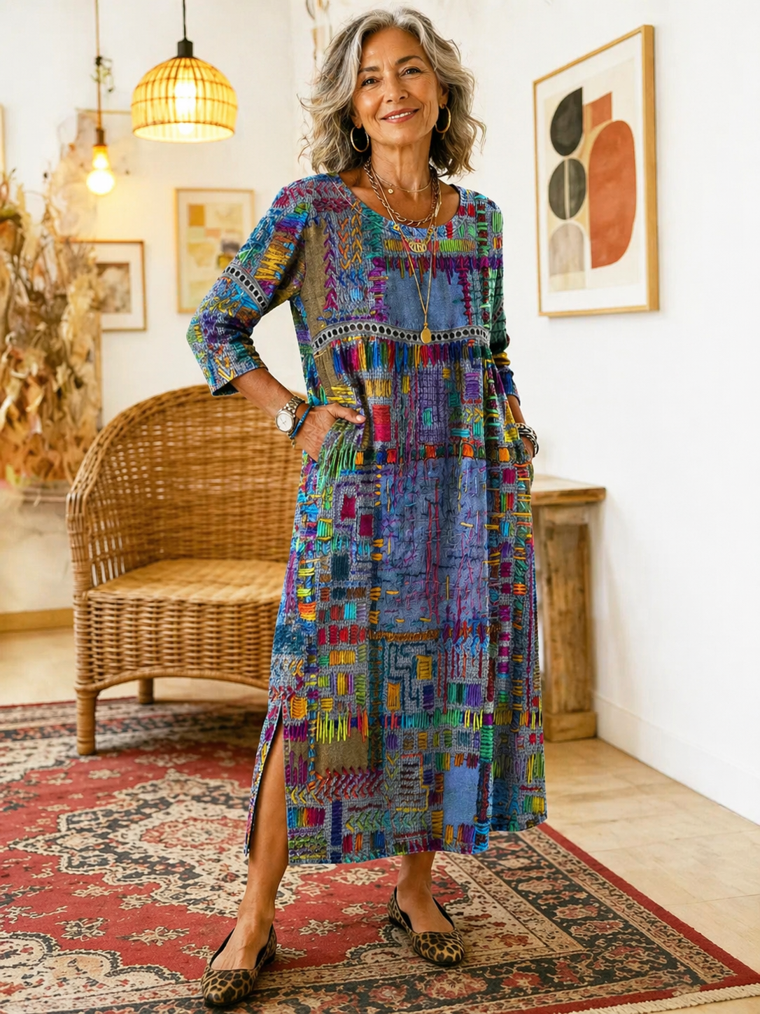 Manuela | Robe en jean avec patchwork ethnique