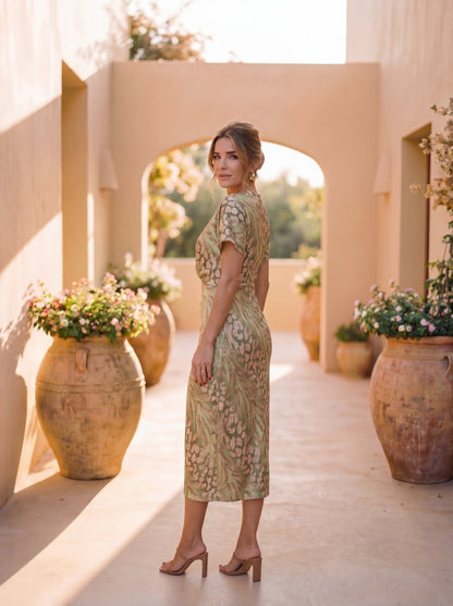 Robe midi amincissante avec nœud central et coupe fluide