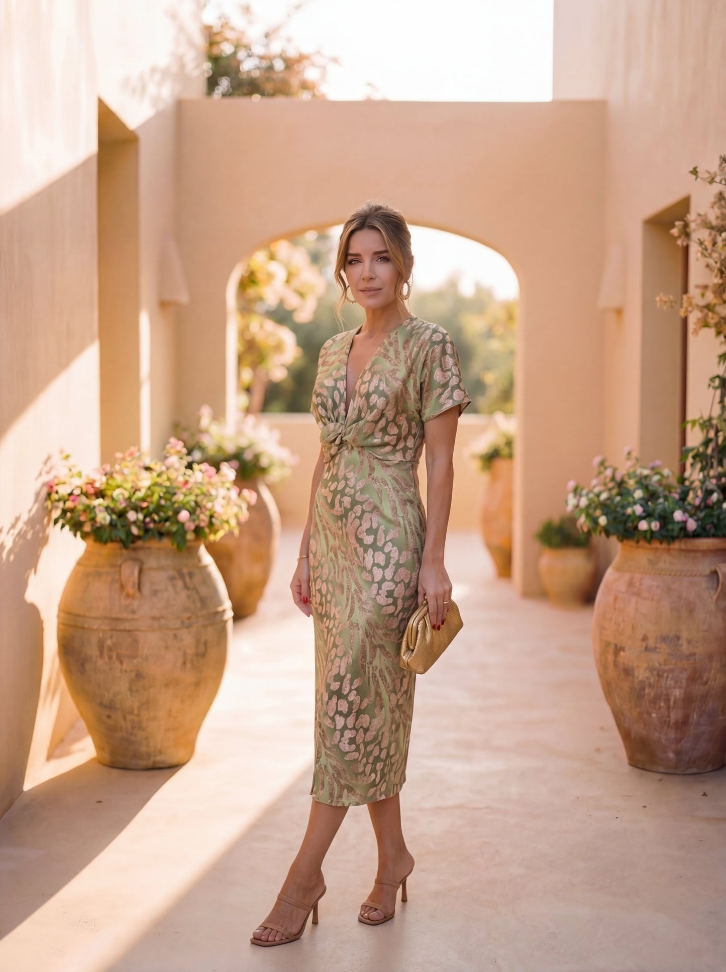 Robe midi amincissante avec nœud central et coupe fluide