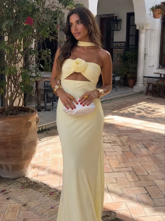 Robe longue à col licou avec corsage rose