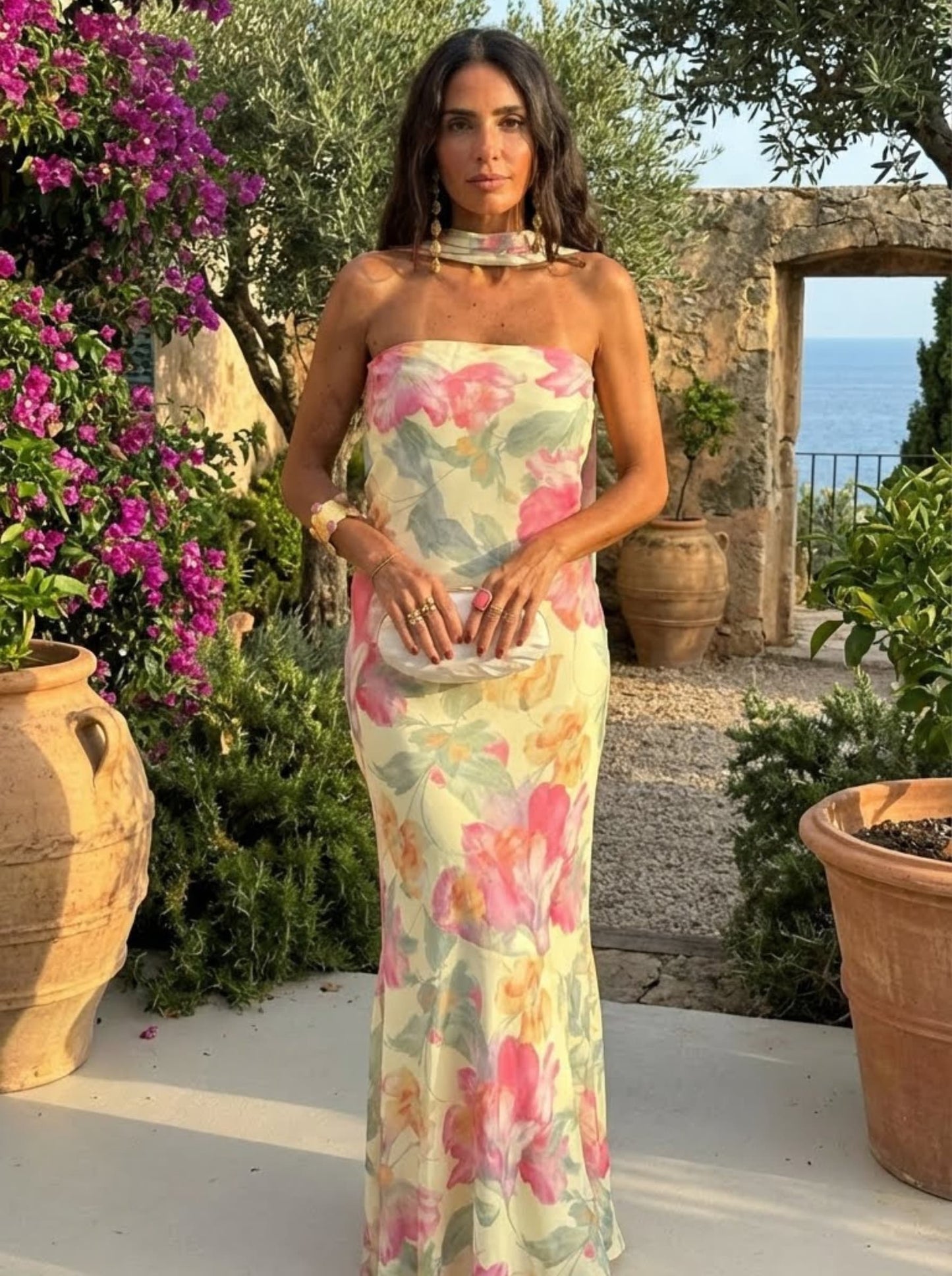Robe longue sans bretelles à motif floral aquarelle