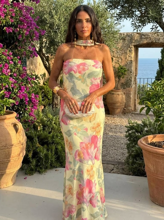 Robe longue sans bretelles à motif floral aquarelle