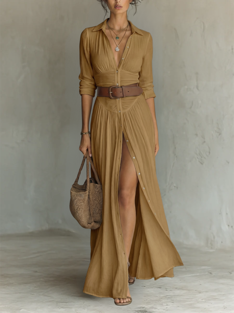 Robe Maxi en Lin pour Femme – Longue, Col Revers et Manches Longues