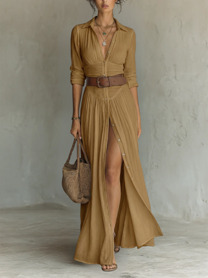 Robe Maxi en Lin pour Femme – Longue, Col Revers et Manches Longues