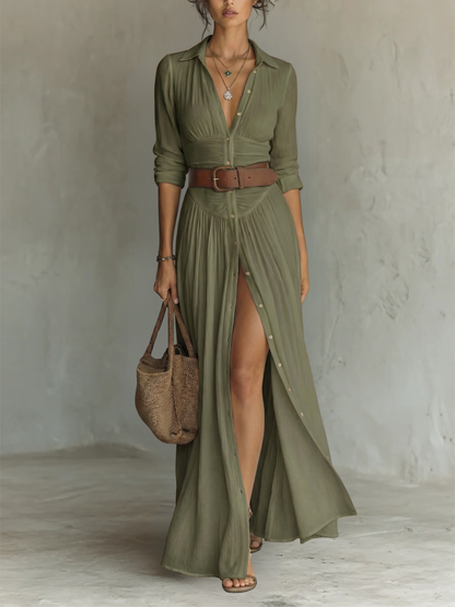Robe Maxi en Lin pour Femme – Longue, Col Revers et Manches Longues