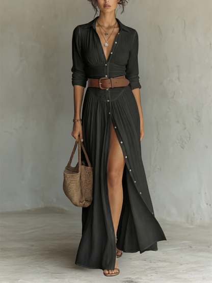 Robe Maxi en Lin pour Femme – Longue, Col Revers et Manches Longues