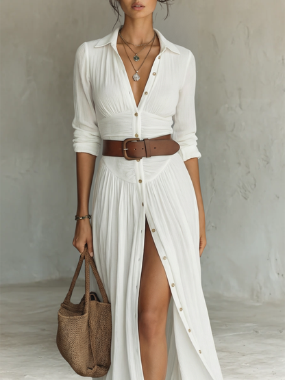 Robe Maxi en Lin pour Femme – Longue, Col Revers et Manches Longues