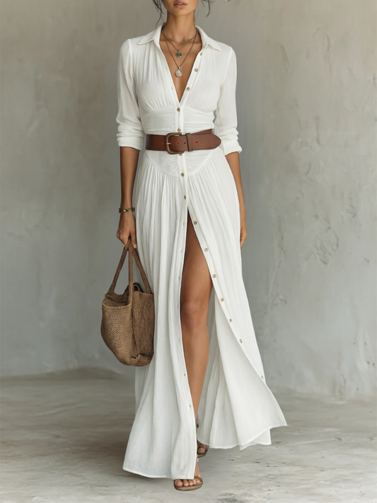 Robe longue à col revers et manches longues en lin pour femme