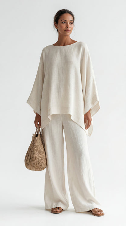 Beatrice - Ensemble de top et pantalons amples en mélange de lin de style minimaliste