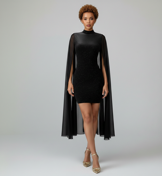 Vestido Luma – Cuello alto, negro con pedrería y lentejuelas, ajustado y mangas cortas