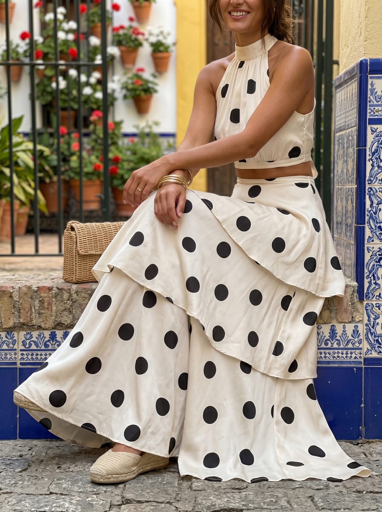 Ensemble composé d'un haut et d'une jupe longue à pois