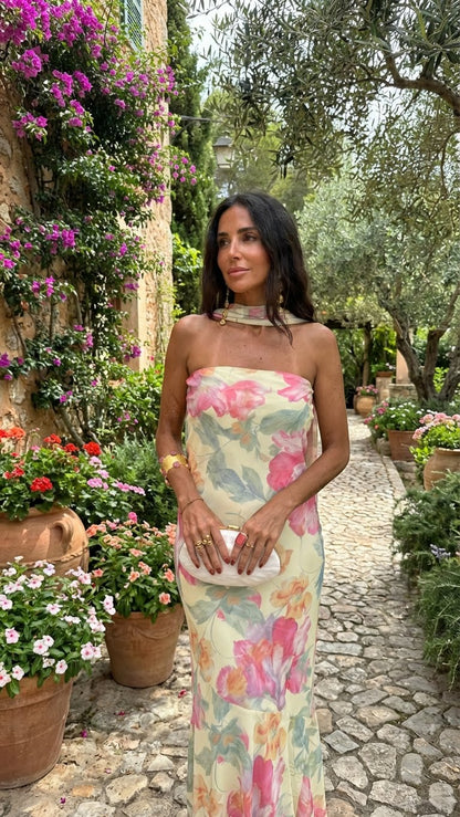 Robe longue sans bretelles à motif floral aquarelle