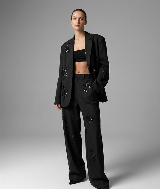 Traje de Mujer Negro – Blazer y Pantalón de Pierna Ancha con Bordado de Lentejuelas, Elegante y Sofisticado
