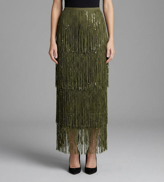 Falda Midi Verde Oliva – Lentejuelas y Flecos, Elegante y Brillante para Fiesta y Noche