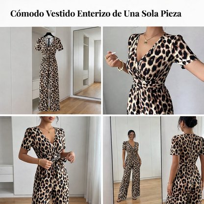 Combinaison femme avec imprimé léopard rétro et décolleté en V