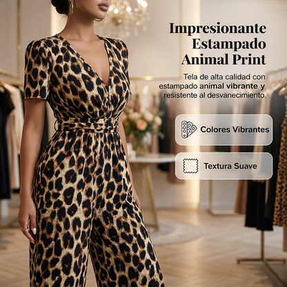 Combinaison femme avec imprimé léopard rétro et décolleté en V
