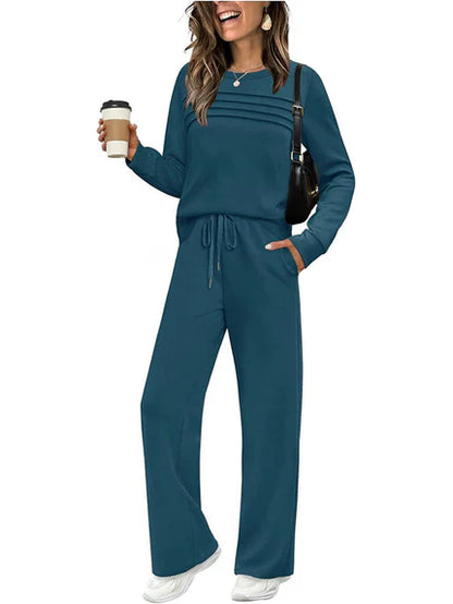 🔥DERNIER JOUR : 60 % DE RÉDUCTION💓Ensemble de t-shirt à col rond et pantalons avec cordon pour femme