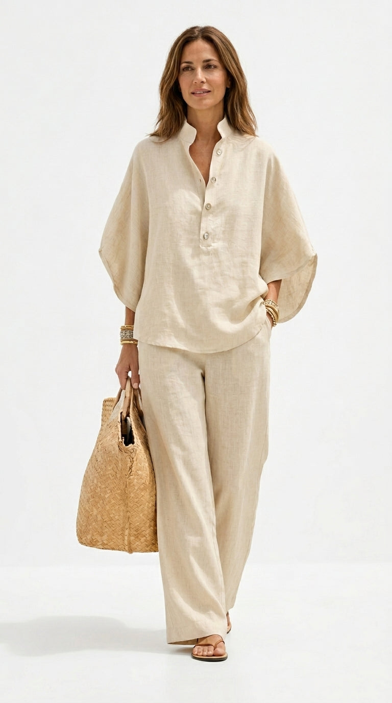 Maribel | Ensemble en lin avec manches chauve-souris et pantalon large
