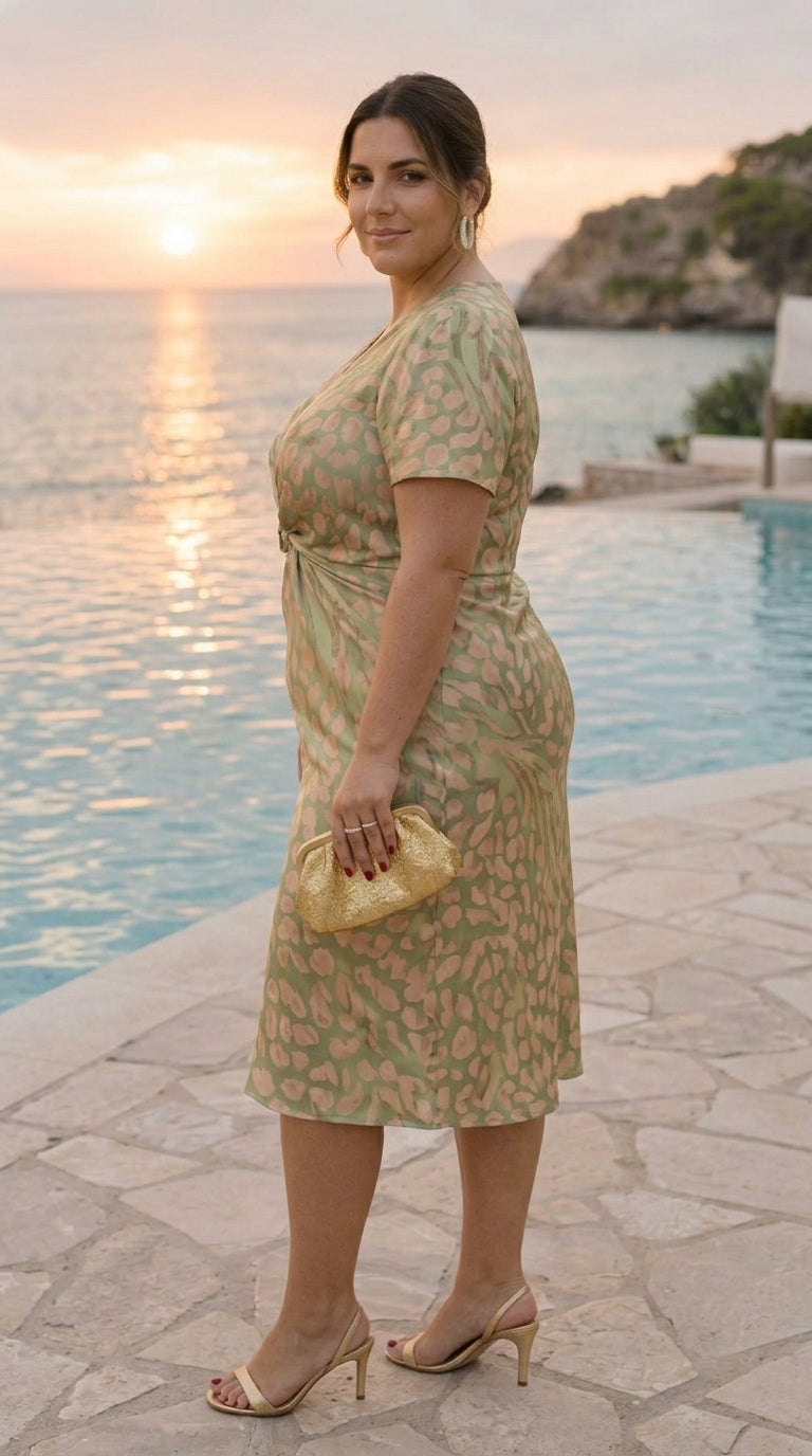 Robe midi amincissante avec nœud central et coupe fluide