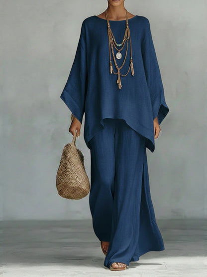 Beatrice - Ensemble de top et pantalons amples en mélange de lin de style minimaliste