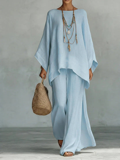 Beatrice - Ensemble de top et pantalons amples en mélange de lin de style minimaliste
