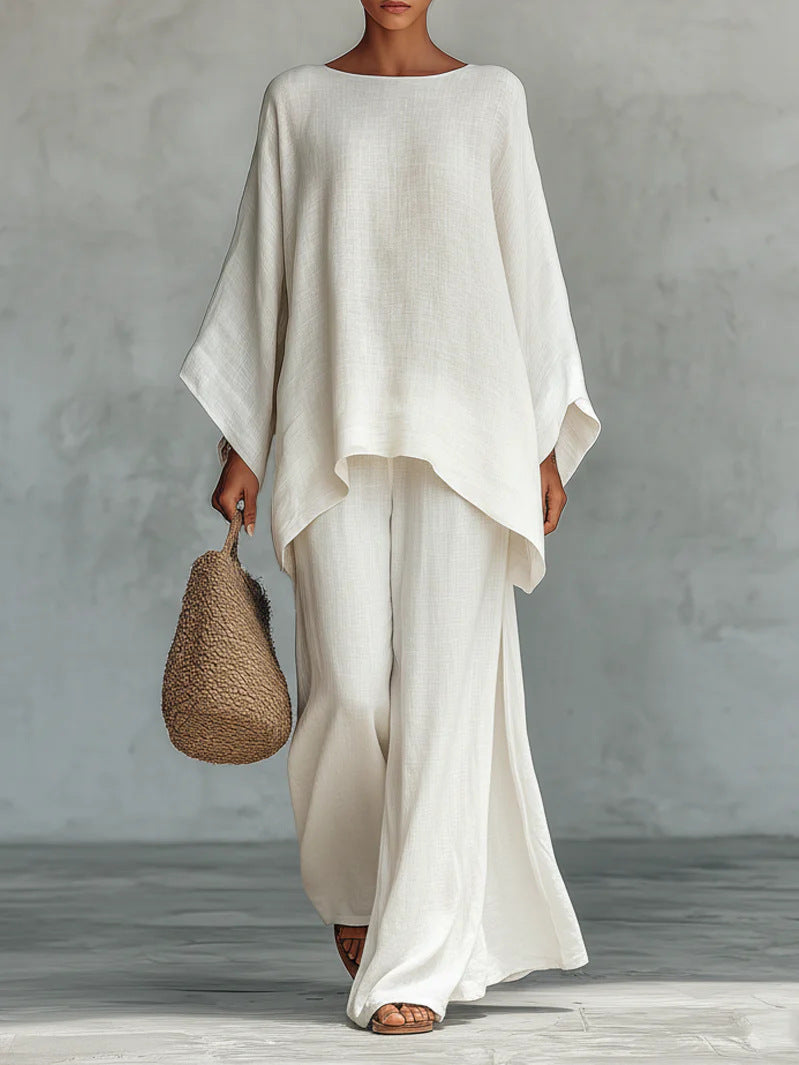 Beatrice - Ensemble de top et pantalons amples en mélange de lin de style minimaliste