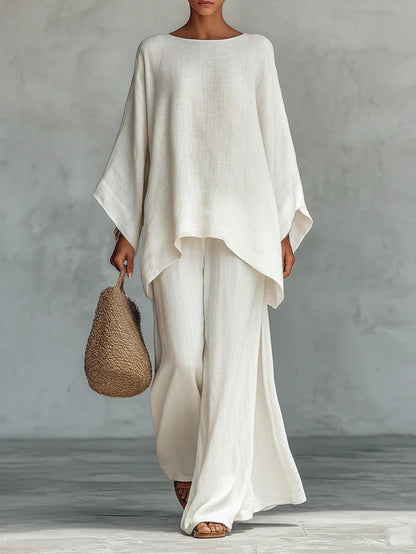 Beatrice - Ensemble de top et pantalons amples en mélange de lin de style minimaliste