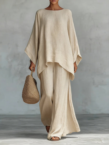 Beatrice - Ensemble de top et pantalons amples en mélange de lin de style minimaliste
