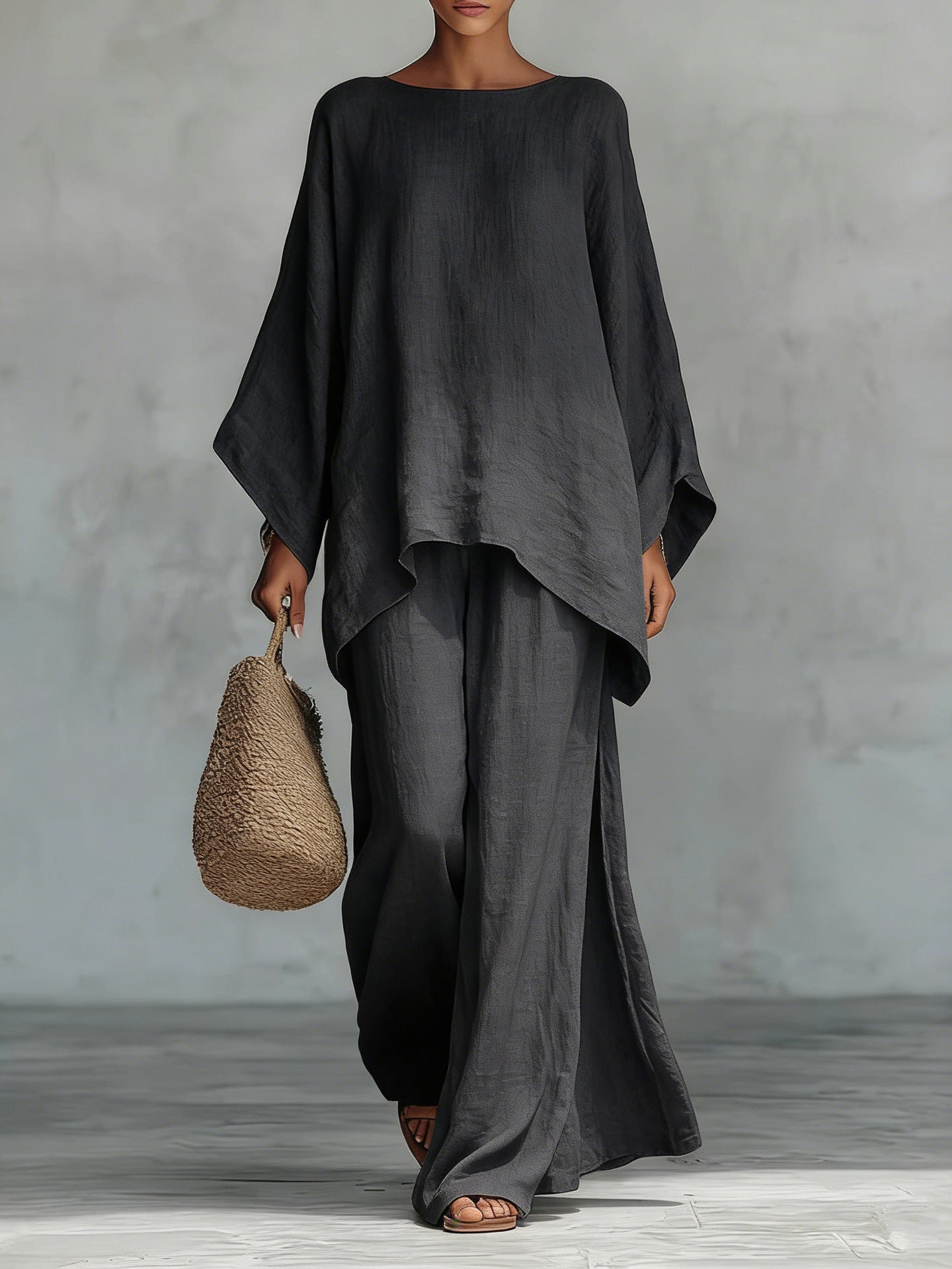 Beatrice - Ensemble de top et pantalons amples en mélange de lin de style minimaliste