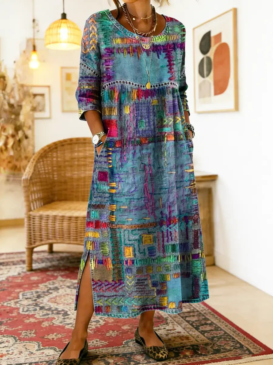 Manuela | Robe en jean avec patchwork ethnique