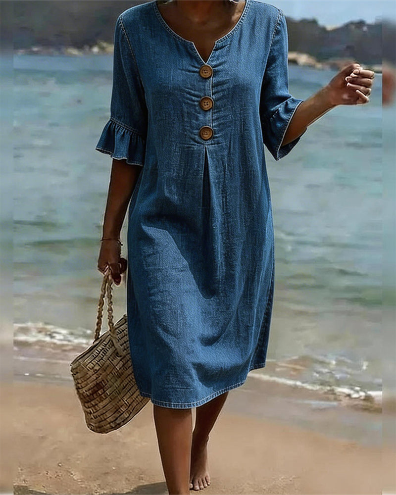 Robe avec imprimé de feuilles de lotus et manches en jean