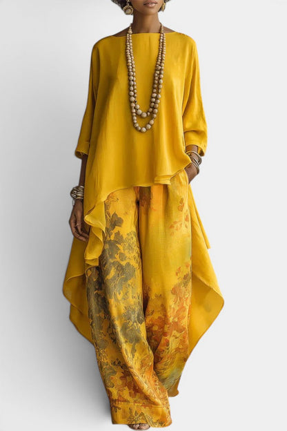 Sage Ensemble Deux Pièces Col Rond Top Asymétrique & Pantalon Large Imprimé Floral