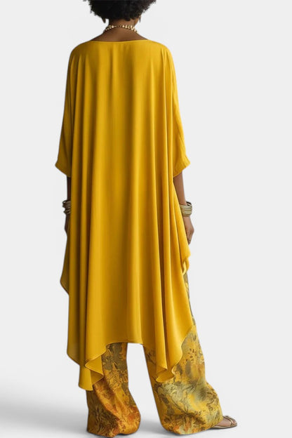 Sage Ensemble Deux Pièces Col Rond Top Asymétrique & Pantalon Large Imprimé Floral