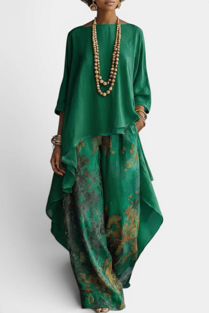 Sage Ensemble Deux Pièces Col Rond Top Asymétrique & Pantalon Large Imprimé Floral