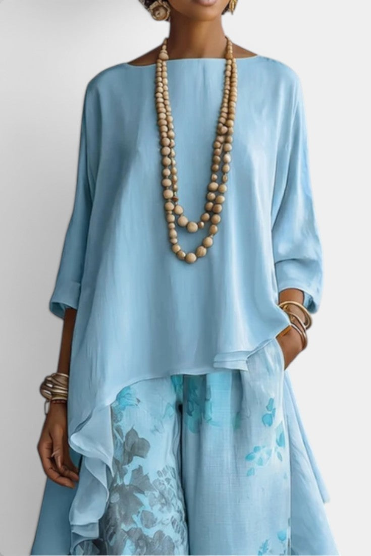 Sage Ensemble Deux Pièces Col Rond Top Asymétrique & Pantalon Large Imprimé Floral