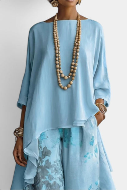 Sage Ensemble Deux Pièces Col Rond Top Asymétrique & Pantalon Large Imprimé Floral
