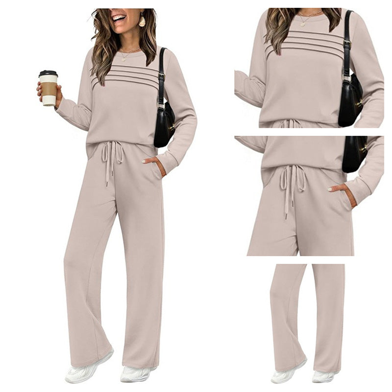 🔥DERNIER JOUR : 60 % DE RÉDUCTION💓Ensemble de t-shirt à col rond et pantalons avec cordon pour femme