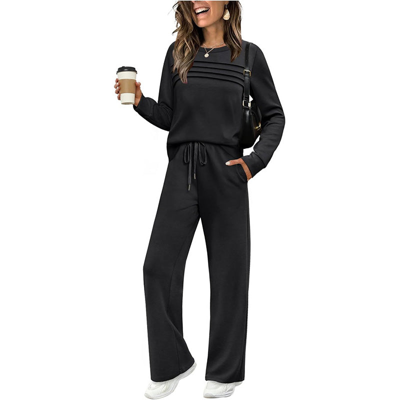 🔥DERNIER JOUR : 60 % DE RÉDUCTION💓Ensemble de t-shirt à col rond et pantalons avec cordon pour femme