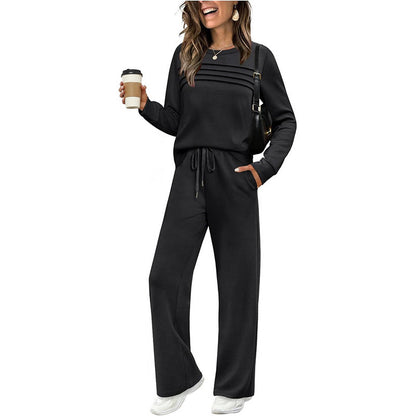 🔥DERNIER JOUR : 60 % DE RÉDUCTION💓Ensemble de t-shirt à col rond et pantalons avec cordon pour femme